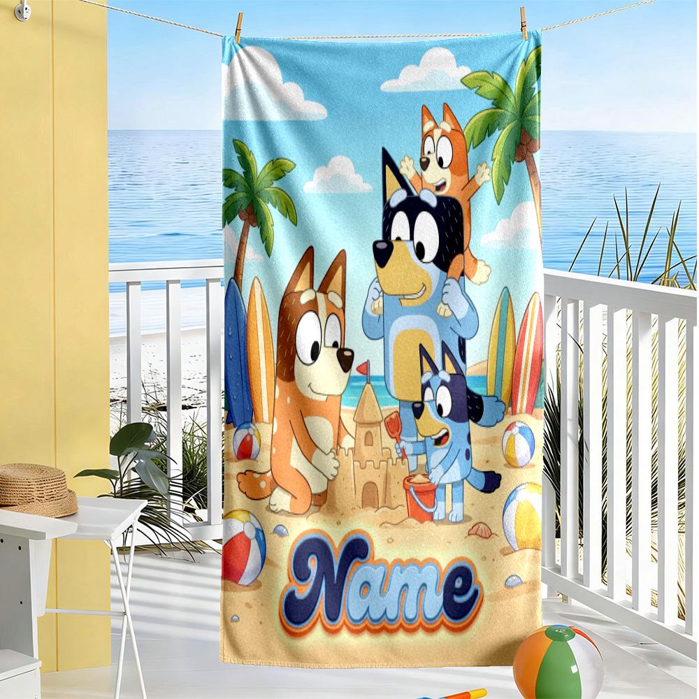 Bluey's Outdoor Fun Personalized Name Beach Towel Super Soft & Absorbent Ideal for Travel Outdoor Swim Pool Yoga Surf Camping Hiking Gym Gift Holiday
