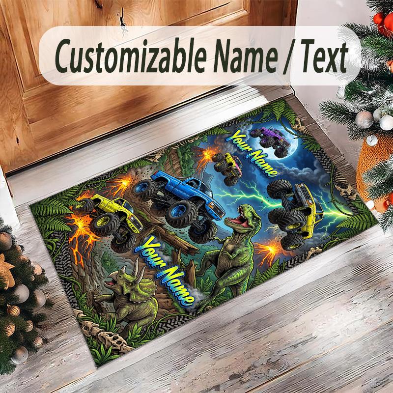 Monster Truck Theme Crystal Velvet Rug Personalized Custom Name Text Soft Floor Mat Home Decor