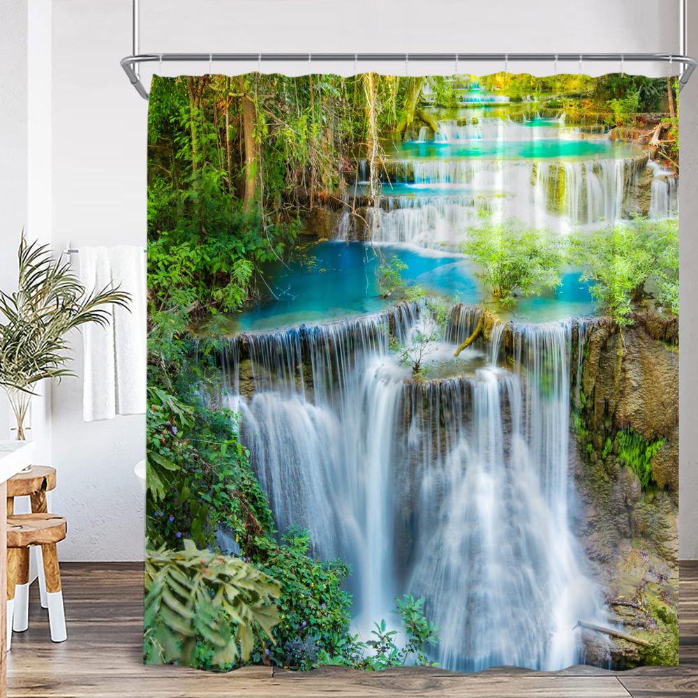 Natural Landscape Waterfall Forest Shower Curtain Scenery Green Leaves Plants Bathroom Decor Polyester Bath Curtain for Home