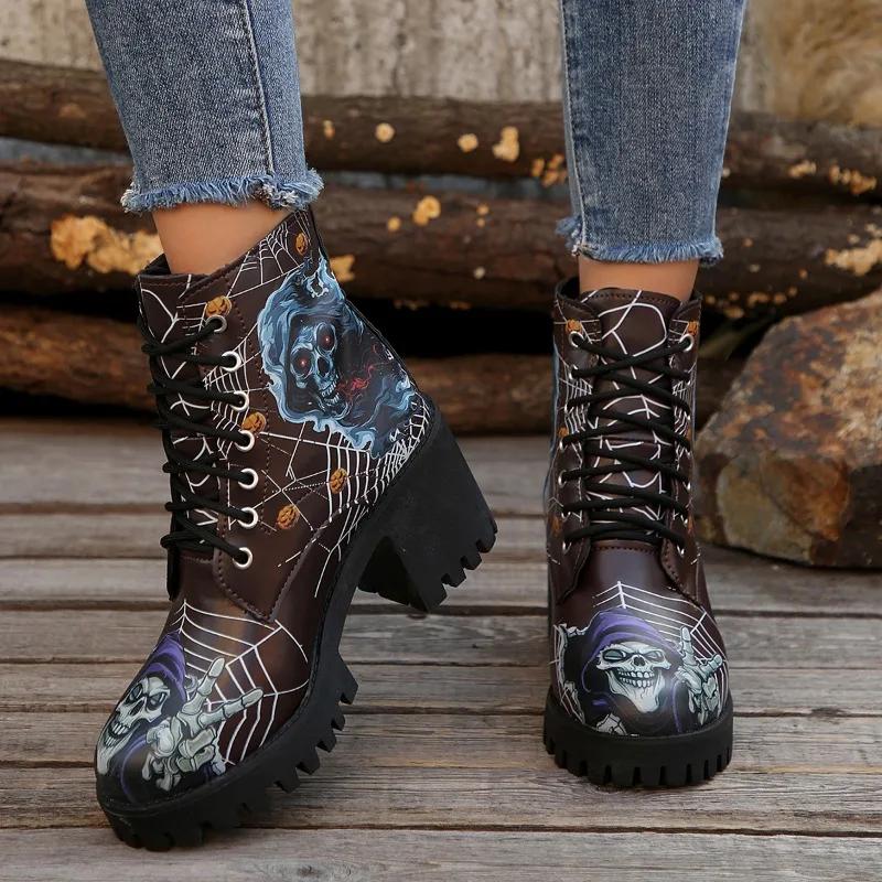 2024 High Quality Shoes Female Lace Up Women's Boots Autumn Round Toe Mixed Colors Short Barrel Chunky Heels Fashion Boots
