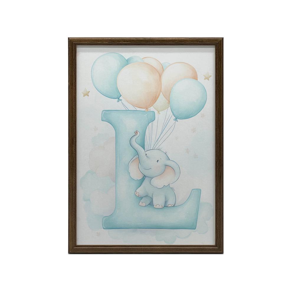 Плакат Буква "I" С Шарами И Слоном Плакат Буква "I" С Шарами И Слоном, 30X40 См, Рама Деревянная Светлый Дуб, Матовая Бумага 230 г/м²