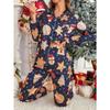 Cozy Christmas Cookie Print Long Sleeve Pajama Set for Women - Comfy Polyester & Elastane Blend, Machine Washable, Button-Up Top
