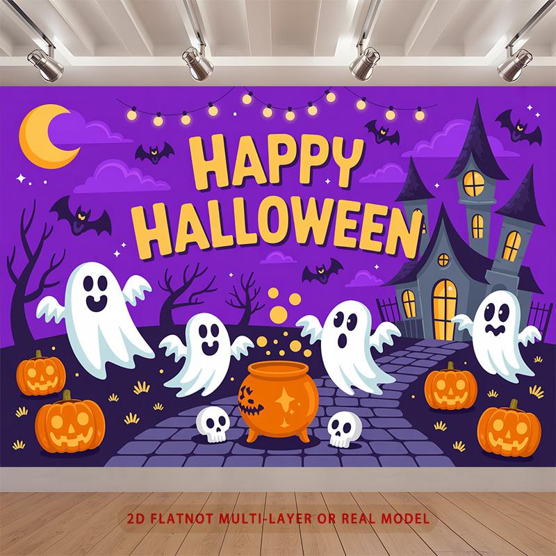 Party Backdrop Halloween Castle Purple Flat Ghosts Pumpkins Multi Layered Celebrations Event Backdrop Decoration Front Door Decor