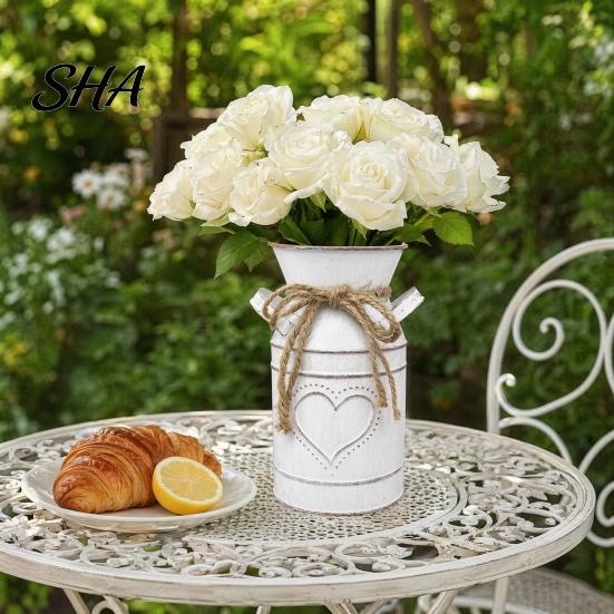 Home Desktop Flower Decor Vintage Iron Can Bucket, Double-Handle Metal Vase with Jute Bow & Embossed Heart/HOME Galvanized Pot Print, Tabletop
