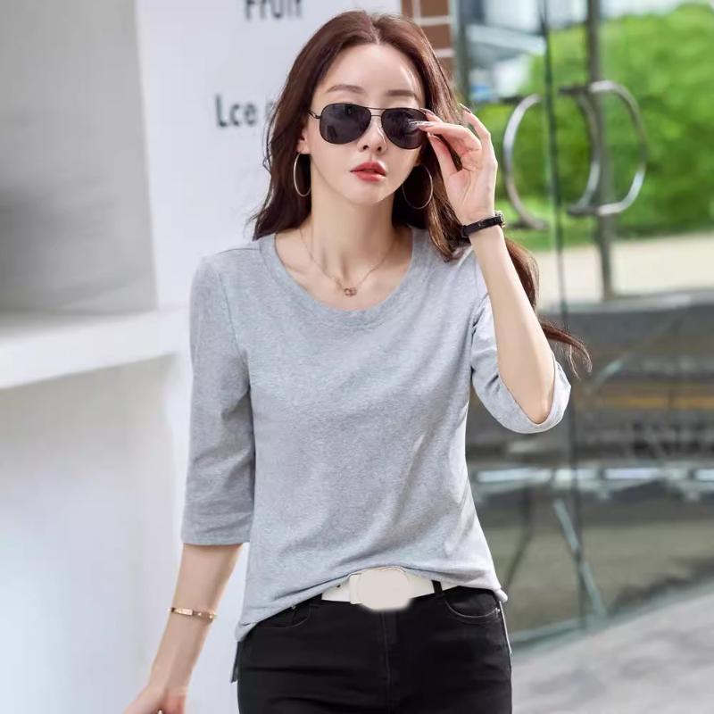Summer T Shirt Women Cotton O-Neck Streetwear Tshirt Short Sleeve Solid Color Three Quarter Sleeve Tee Shirt Femme Sexy