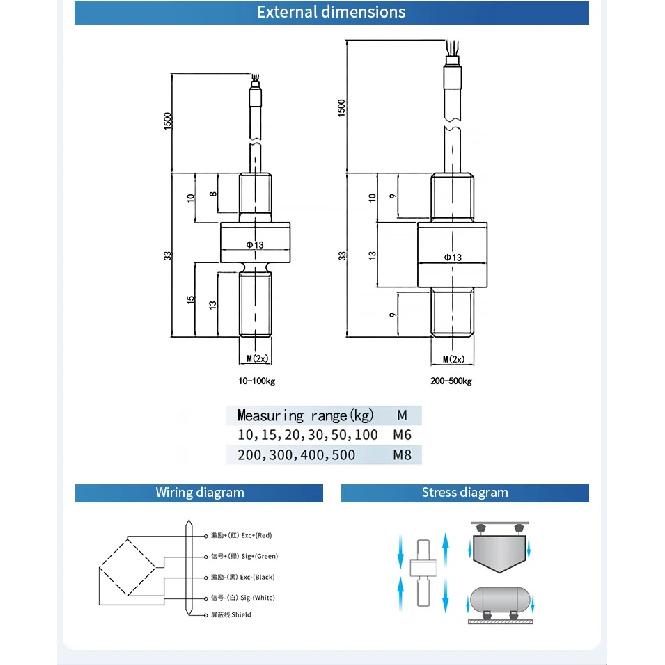 10/20/30/50/100/200/300/500kg Small size pressure weighing press force measuring miniature Threaded rod tension load cell sensor