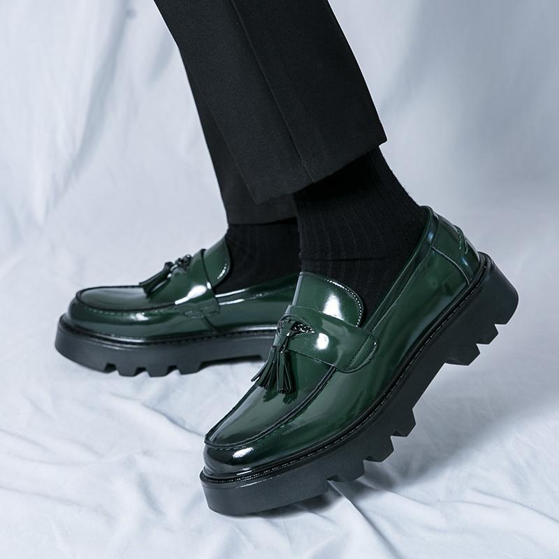 Green Men Dress Shoes  Patent Leather Black Casual Business Platform Tassels Slip-On Shoes for Men Wedding