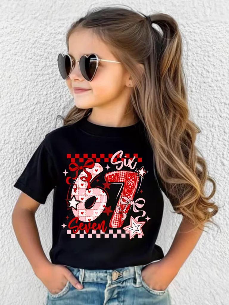 Valentine 67 Six Seven Meme Print T-Shirt 67 Number Round Neck Cute Casual Short Sleeve Comfortable T-Shirt Children's Clothing