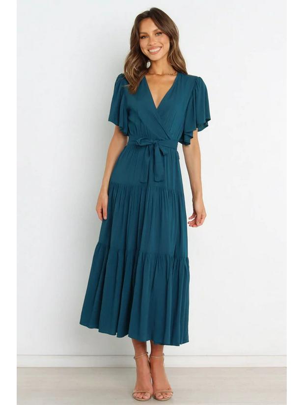 Богемное платье с V-образным вырезом, принтом, короткими рукавами и приталенным силуэтом, длинное, в наличии