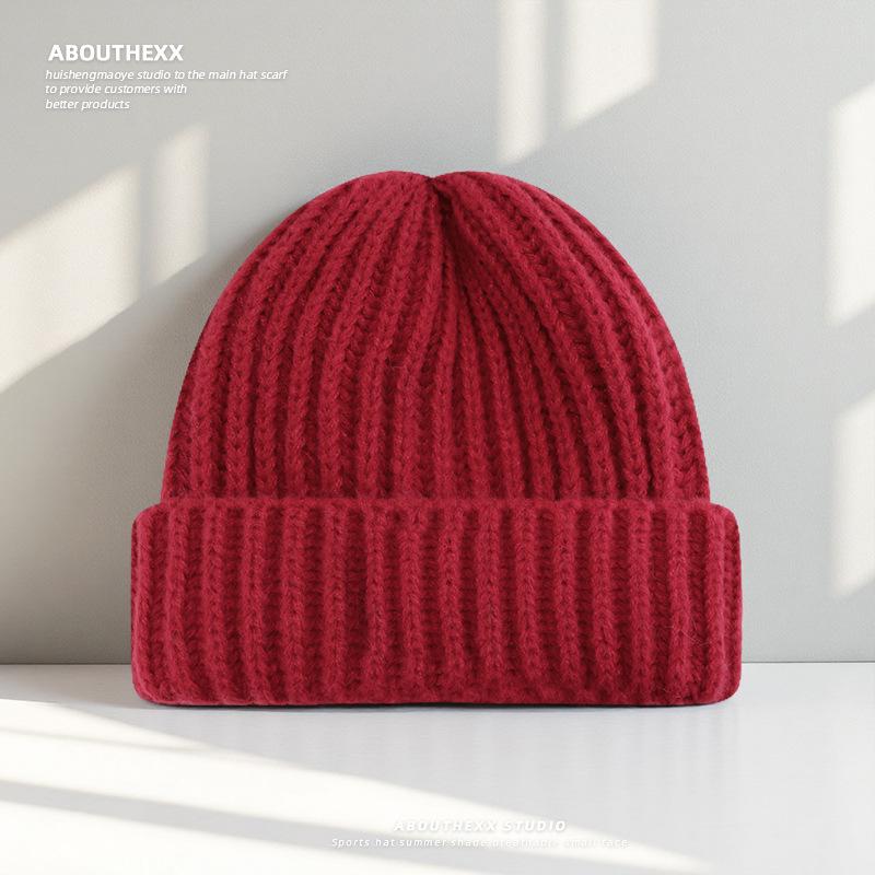 Large Size Face Slim Hat for Women Autumn and Winter Solid Color Thick Knitted Hat Cold Proof and Versatile Ear Protecting Wool Hat for Men