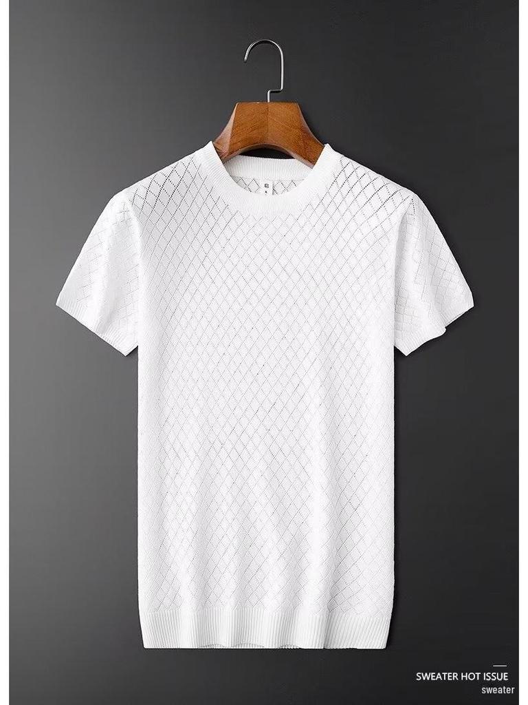 Мужской топ Ice Silk с V-образным вырезом и полым вырезом: Крутой, тонкий, большого размера, вязаный свитер с короткими рукавами