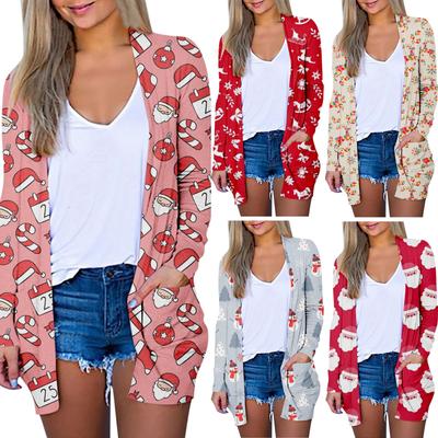 Женская модная повседневная куртка-кардиган с рождественским принтом средней длины, пальто