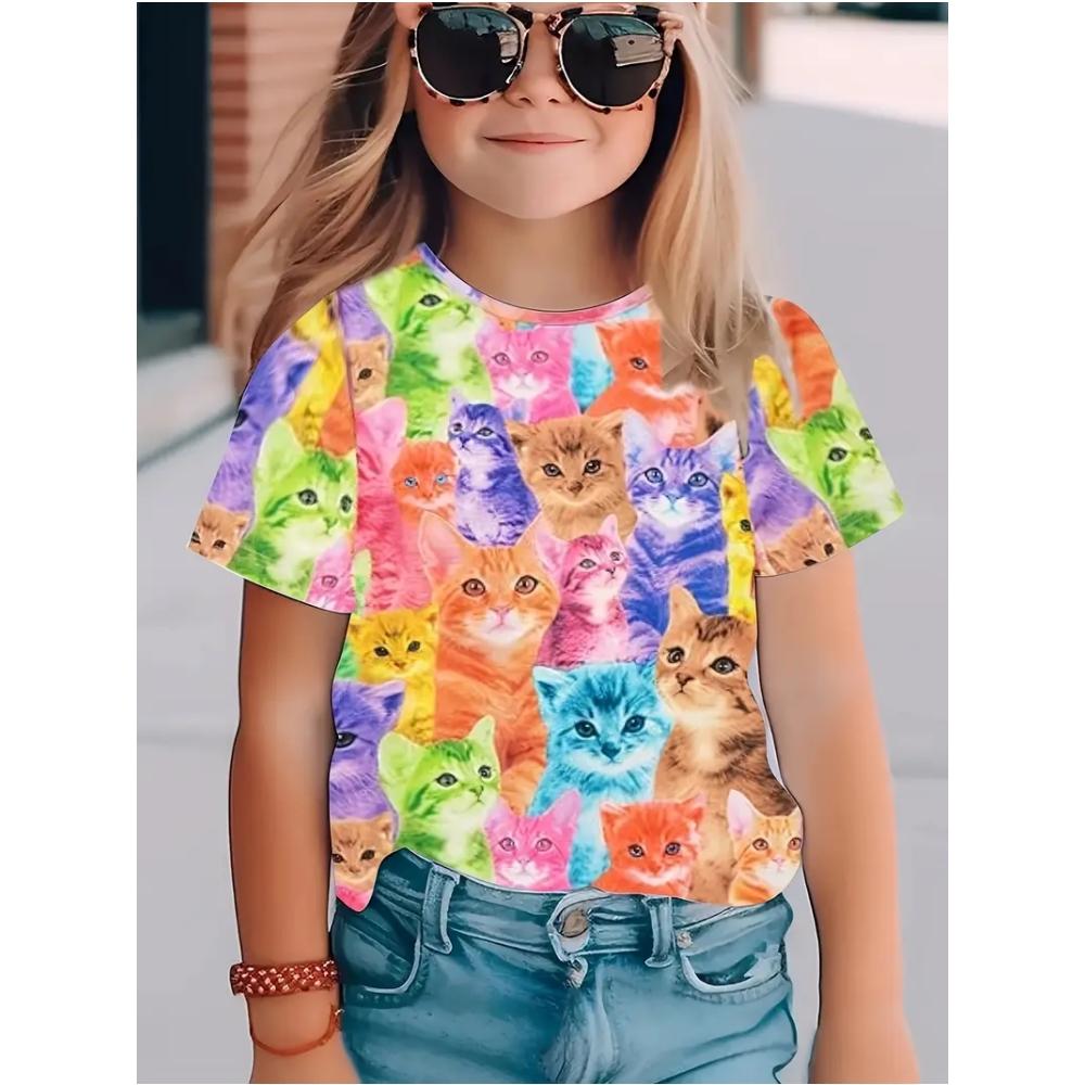 Летняя одежда для девочек Милый кот 3D-принт Короткий рукав Графические футболки Одежда для улицы для детей Милый стиль Футболка для девочки
