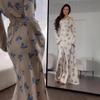 2025 Summer Women's European Floral Print Waist-Cinching Flare Sleeve Maxi Dress