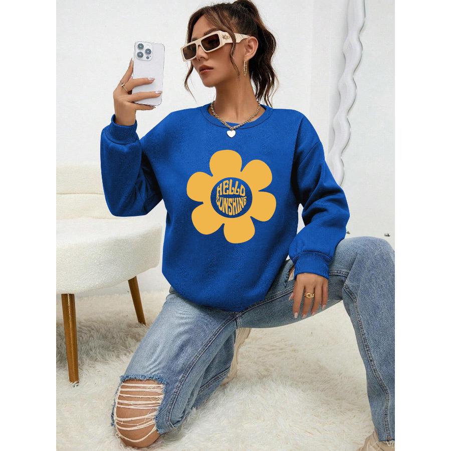 Hello Sunshine Big Yellow Flower Printed Hoodie Women Autumn Casual Pullovers Fleece Simple Sweatshirt Crewneck Female Tops
