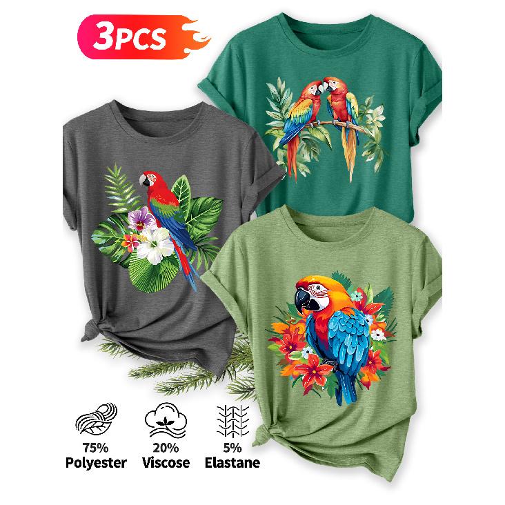 Three-piece set Elegant short-sleeved shirt for women Tropical Parrot Floral Print Pattern Round Neck Short Sleeve Casual Style Holiday Spring