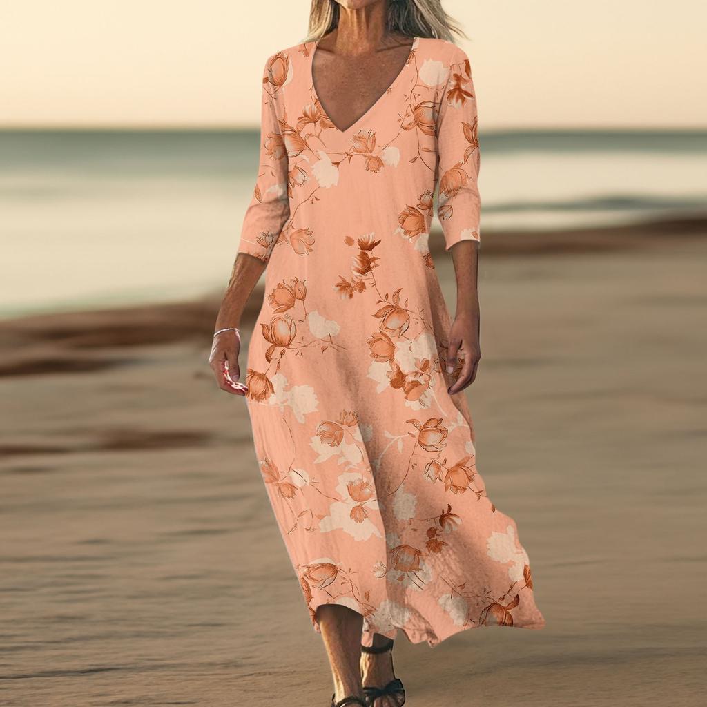 Платья для женщин Винтажный принт Туника с завышенной талией Миди-платье Летнее повседневное Платье с рукавом 3/4