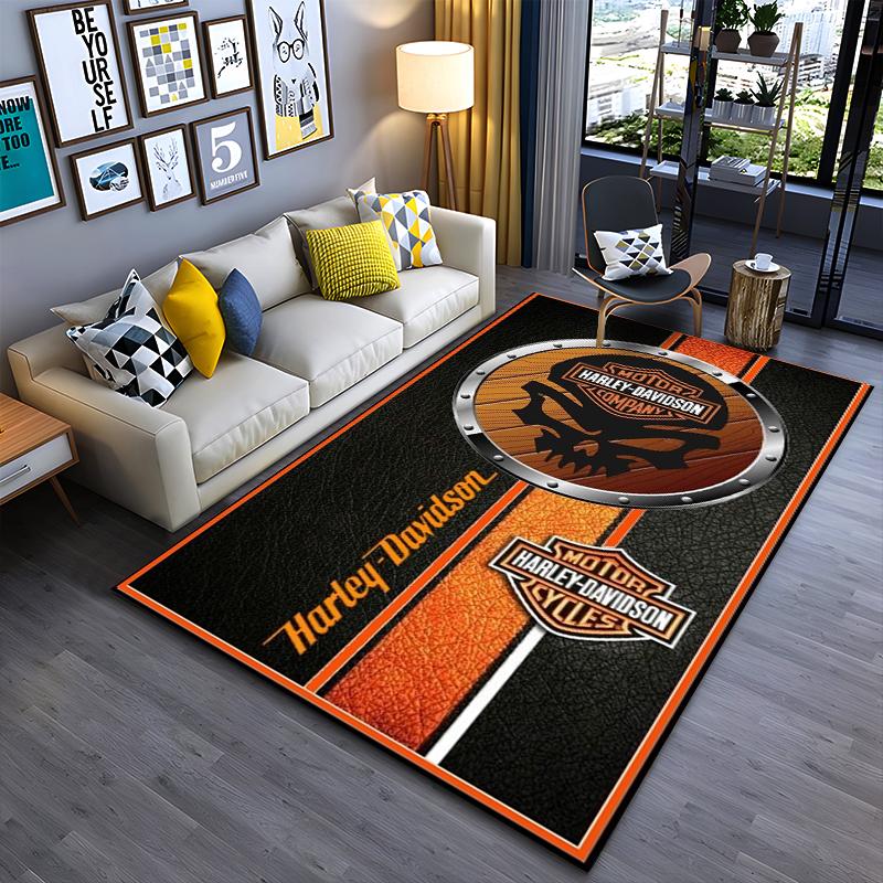 Area Rug, Harley Davidson Motorcycles Wood Skull Round Logo Leather Orange Stripes Biker Art Print, Man Cave Decor, Non-Slip Mat