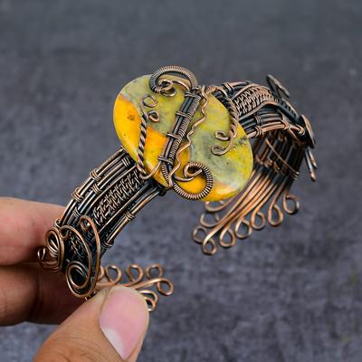 Браслет-манжета из натуральной яшмы шмеля с медной проволокой, регулируемый I6g47