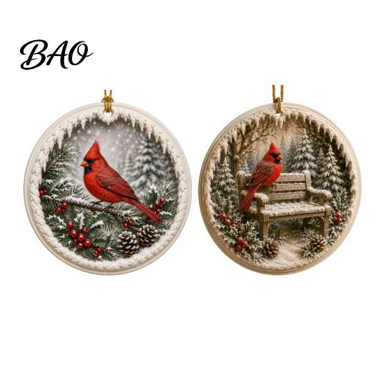 Warm Companionship Winter Decor 2 Pcs Red Bird Christmas Ornaments, 2D Round Acrylic Snowy Scene Thoughtful Presents for Friends Xmas Tree Hanging