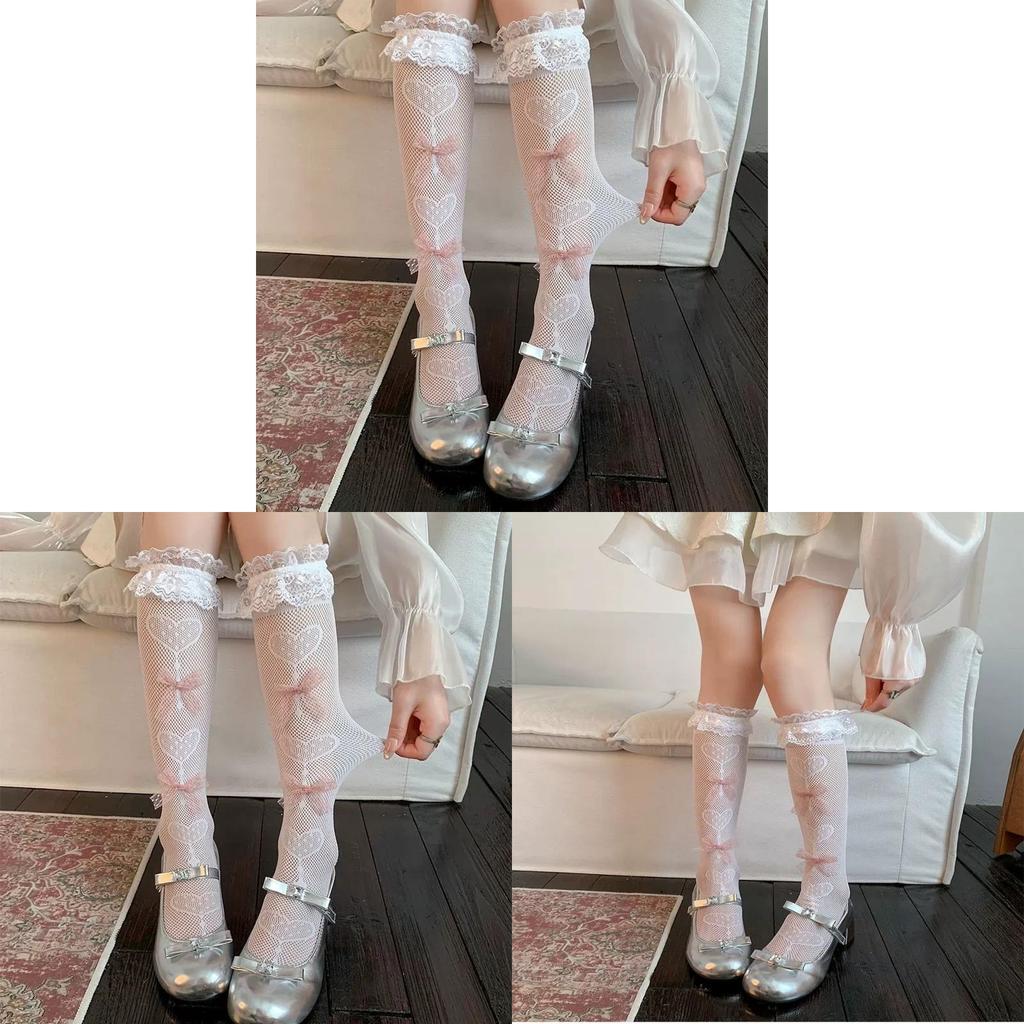 Fairy Tale Girl Summer Sheer Mesh Socks With Floral Lace And Heart Pattern For Teens