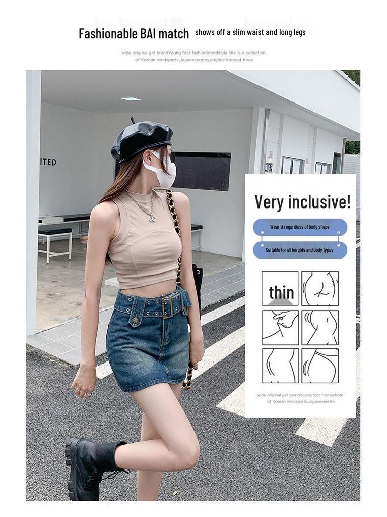 Korean Style Denim Mini Skort: Sweet & Spicy A-Line with Belt, Summer 2024 Fashion for Women