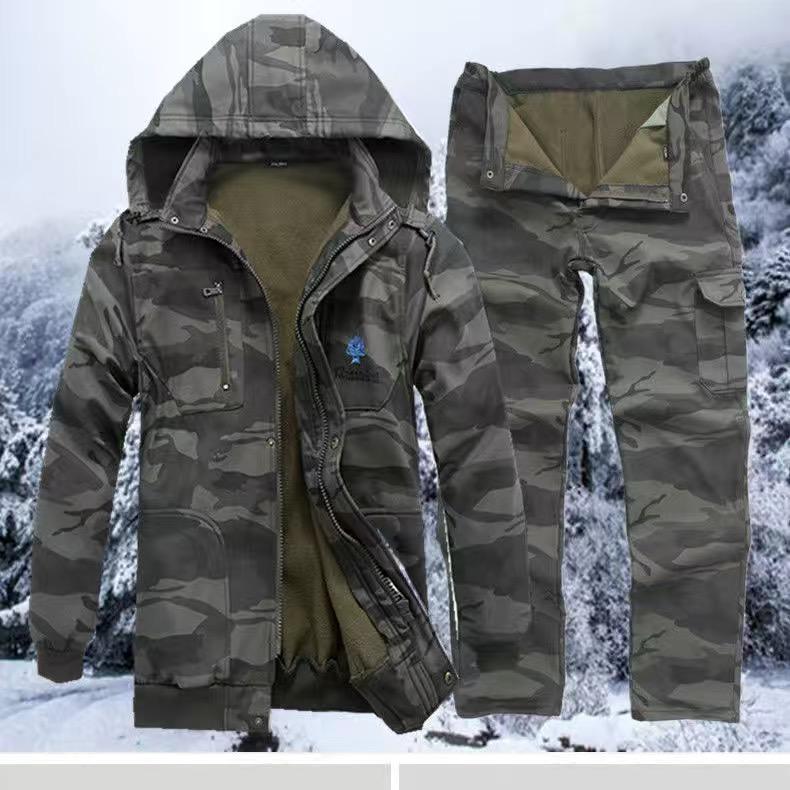 Осенние и зимние мужские камуфляжные костюмы плюс бархатные утепленные морозостойкие теплые рабочие костюмы для строителей