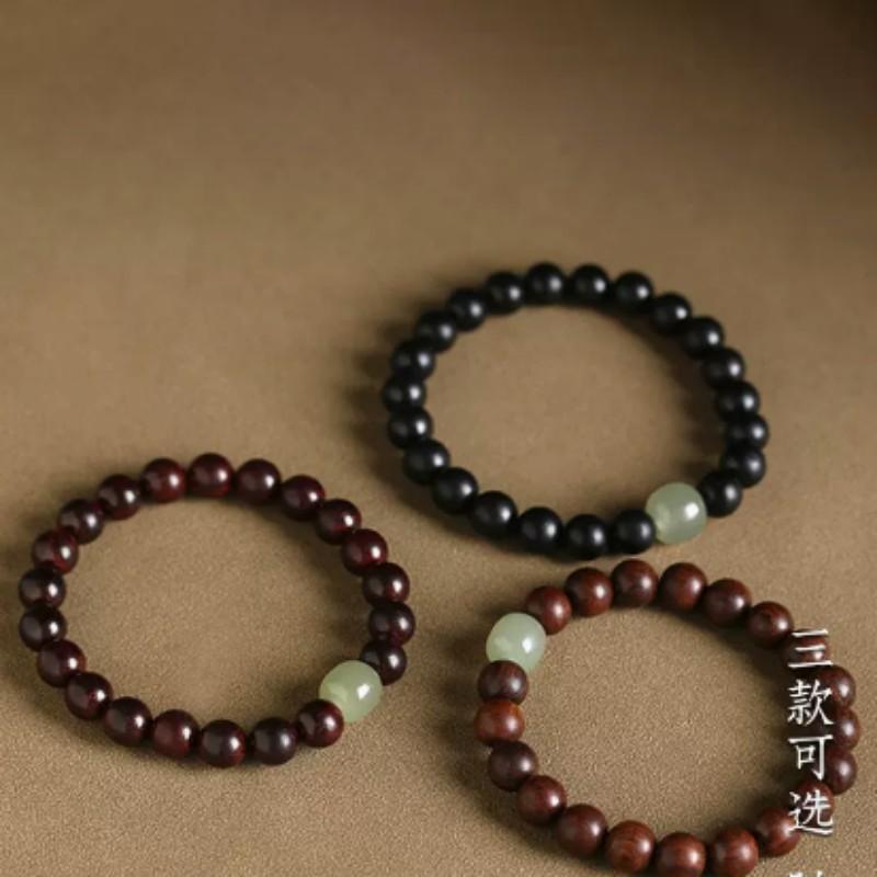 Couple Wood Beaded Bracelet With Natural Sandalwood Black Jade Beads Women Men