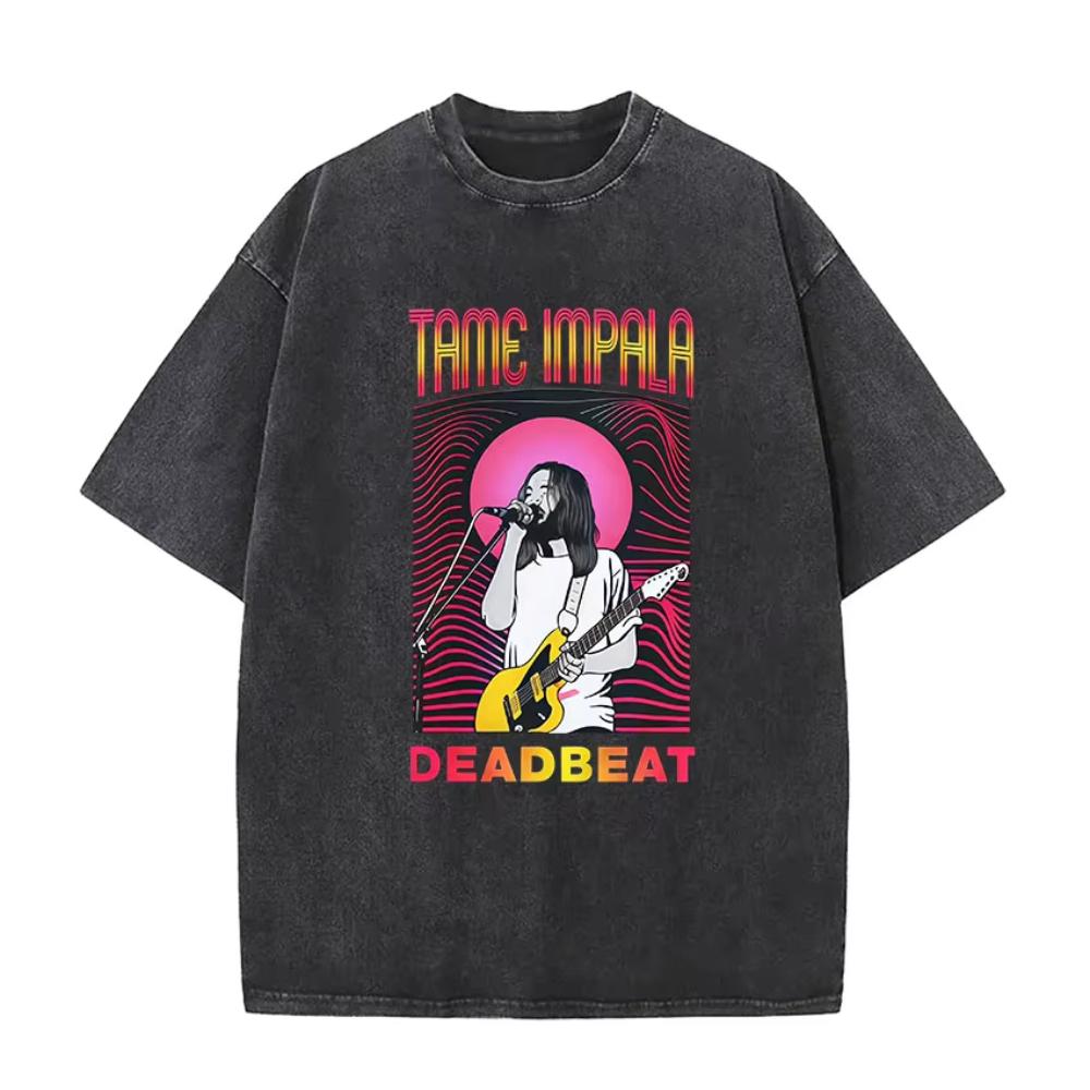 Rock Band Tame Impala Deadbeat Tour 2026 Vintage Washed T-shirt Unisex Hip Hop Gothic T Shirt Casual Oversized Short Sleeve Tees
