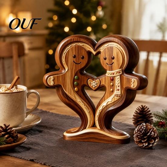 Unique Wood Art for Home Wooden Animal Ornament with Stable Base, Double Layer Carved Figurine, Gingerbread Man Owl Fox Penguin Statues Heart