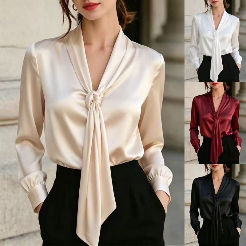 Women S Satin V Neck Long Sleeve Sash Commute Shirt