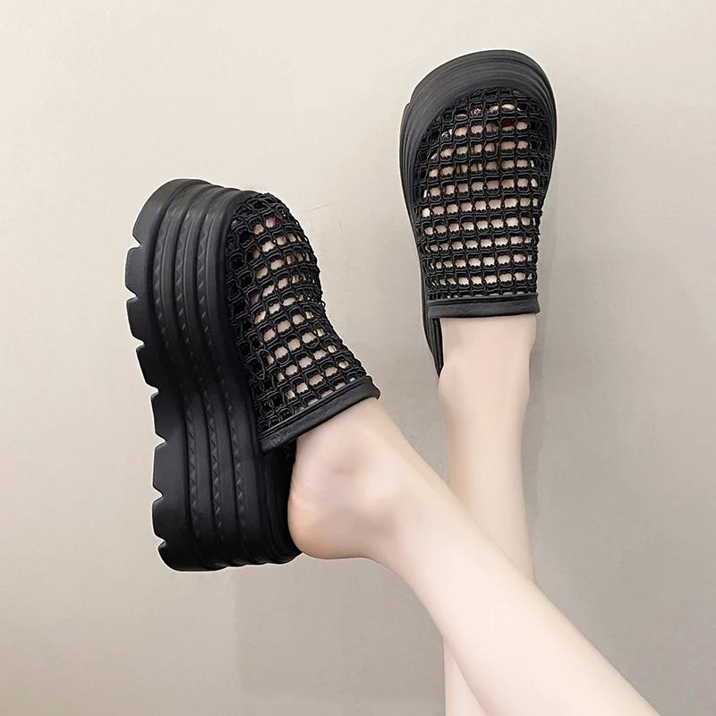 Мода 8 см Сетка Туфли-мюли на высоком каблуке Женские тапочки Обувь Танкетка Брендовые сандалии на платформе Летнее платье Слингбэки Лодочки Слайды Mujer Zapatos