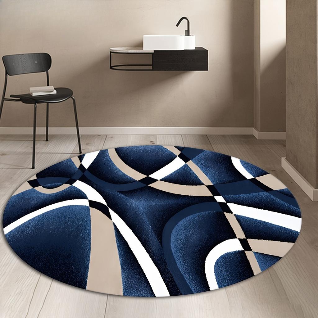 Modern Blue and White Striped Round Rug - High-End Anti-Slip Floor Mat for Luxury Living Room and Bedroom Decor