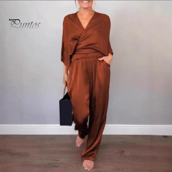 Женский комплект из 2 предметов: топ, брюки, V-образный вырез, длинные рукава, блузка с перекрещивающимися бретелями, высокая талия, плиссированные широкие брюки, формальный наряд для поездок на работу на весну и лето