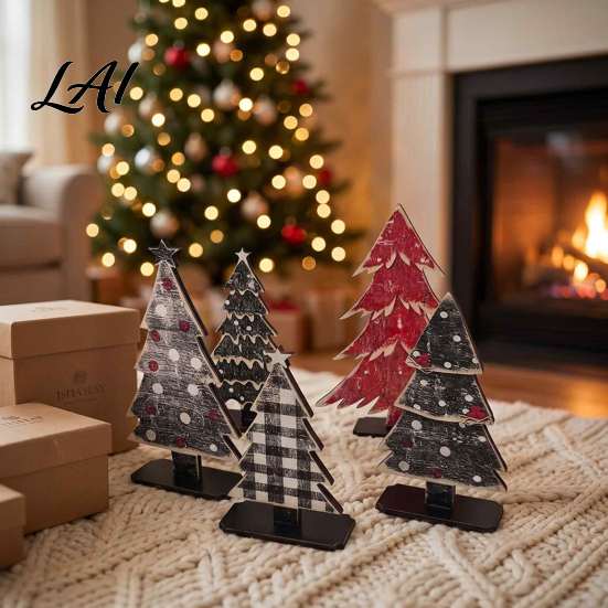 Rustic Holiday Party Supplies Christmas Tree Table Decoration Vintage Wooden Xmas Standing Sign with Decor Base for Winter Home Office Farmhouse