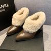 2025 New High-end Pointed Small Leather Shoes Women's Retro One-pedal Fluffy Single Shoes High-heeled Thick Velvet Warm Cotton Shoes