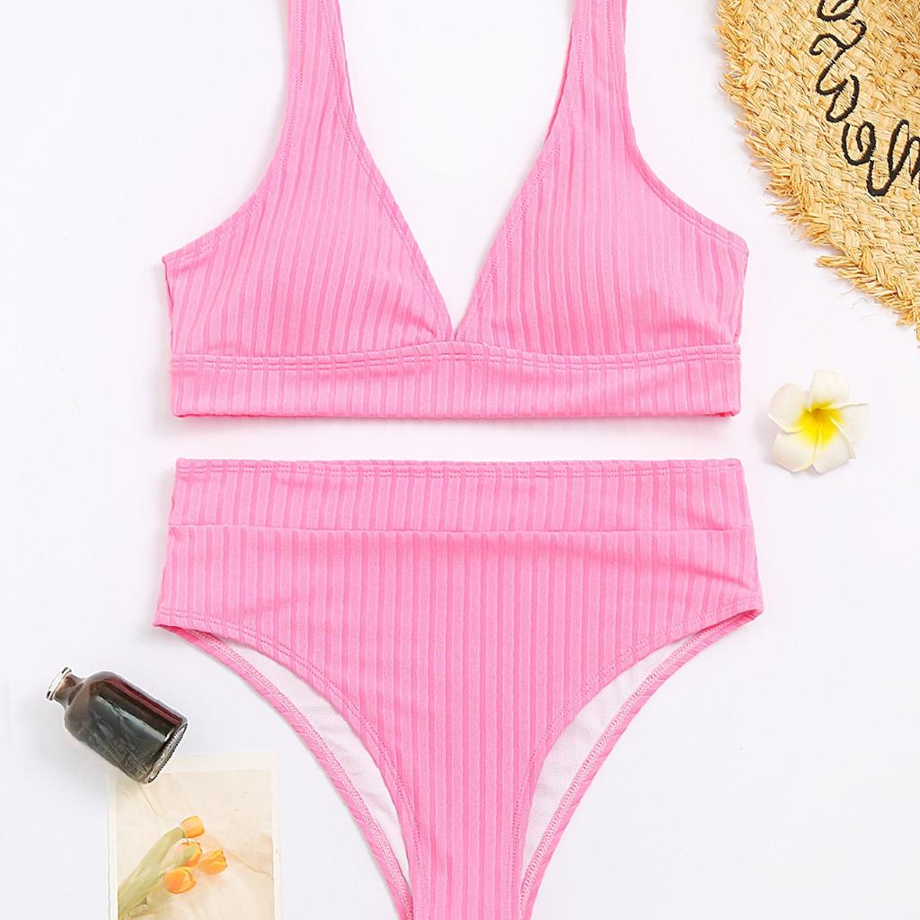 Women's Sexy V-neck Pit Striped Bikini High Waist Split Swimsuit 10 Colors