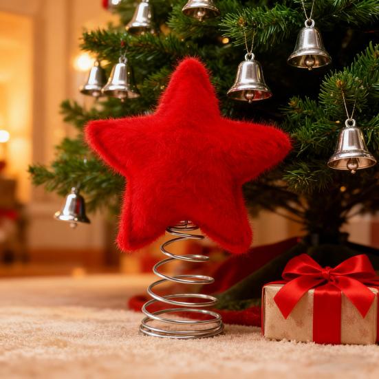 Верхушка для рождественской елки Красная плюшевая пятиконечная звезда Декор Металлический каркас Надежное основание Традиционный рождественский декор Украшение для дома и вечеринки