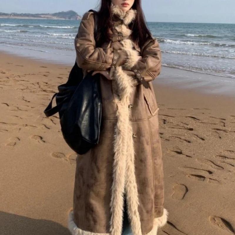 Пальто из овечьей шерсти с мехом, женское, 2024, новое зимнее, утолщенное, плюшевое, длинное, экологически чистое меховое пальто
