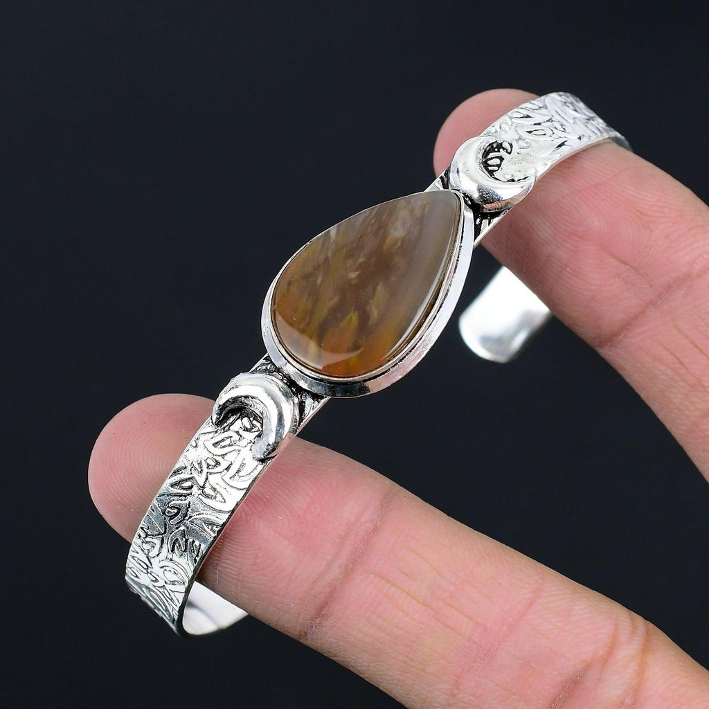 Natural Plume Agate Bangle Crescent Moon Adjustable 925 Silver For Girls