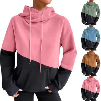 Свободный повседневный женский свитшот с капюшоном и карманами на шнурке с цветными блоками