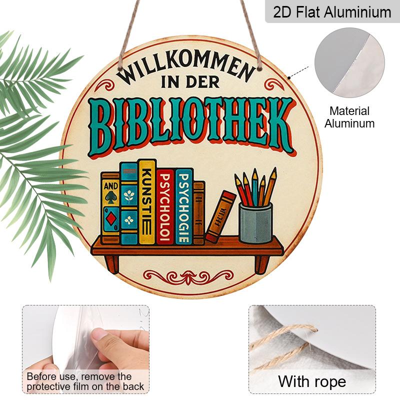 2D Flat, 1pc 7.87x7.87 Inch Round Aluminum Sign, Vintage "Library" Aluminum Plaque, Study Room Decor Sign, Suitable for Decorating Study Rooms