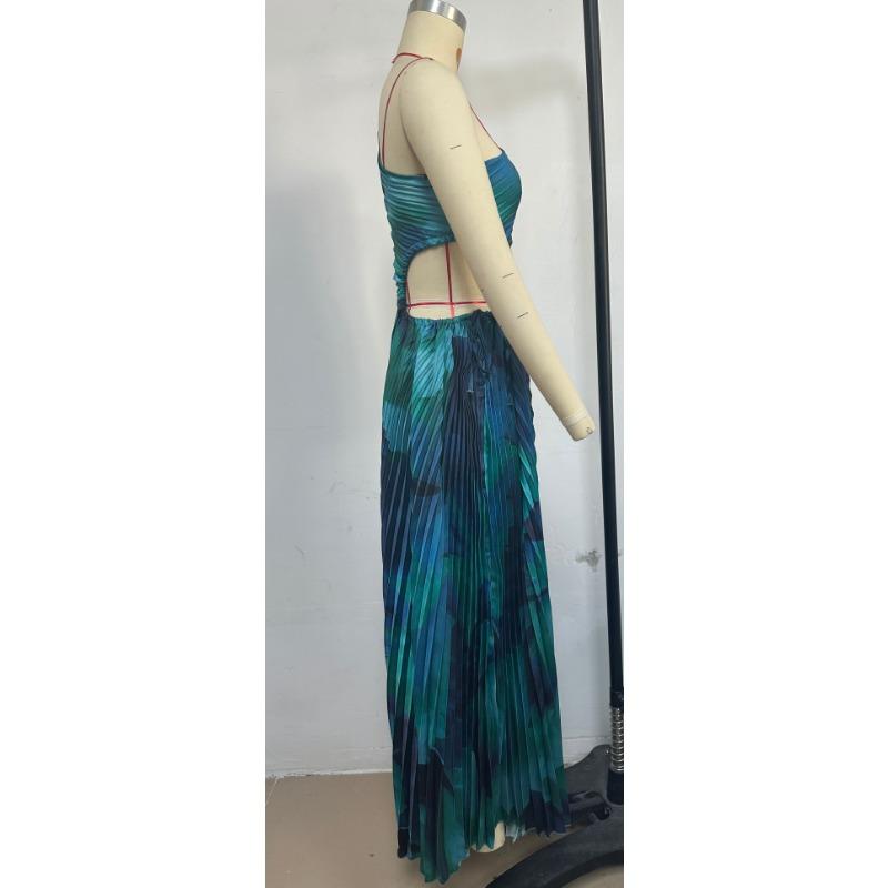 Women's Sexy Slant Shoulder Sleeveless One-shoulder Printed Pleated Dress