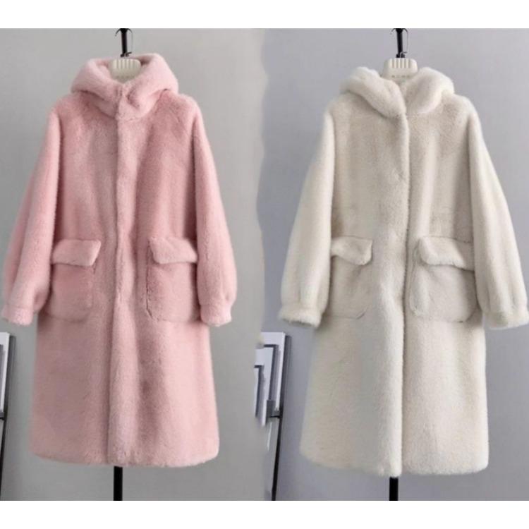 Теплое пальто с капюшоном из искусственного меха женское зимнее милое на флисовой подкладке толстое длинное универсальное