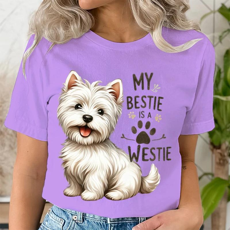 My Bestie Is A Westie Cute Dog Breeds Quotes T-shirt Women Funny Dog Paw Prints Tee Cartoon Animal Lover Gift Funny Tshirt Women