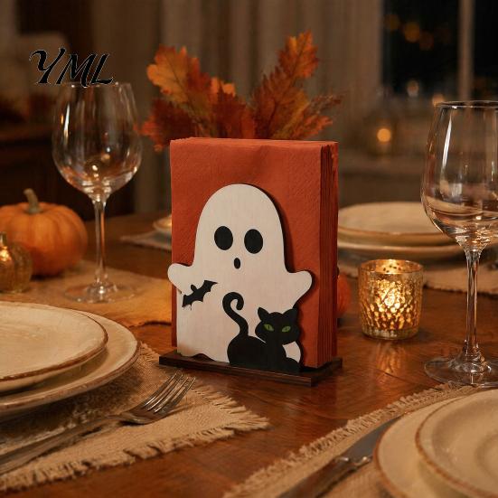 Halloween Party Table Decor Ghost Wooden Napkin Holder, Cute Paper Towel Decorative Festive Holiday Kitchen Storage Stand, Freestanding Tissue