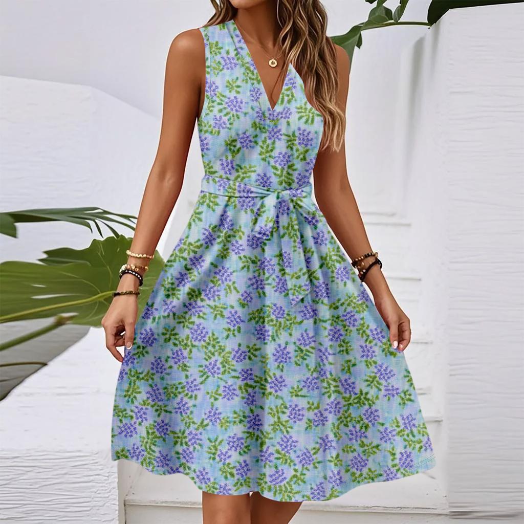 Women's Spring And Summer Casual V-Neck Sleeveless Waist Floral Print Midi Dress