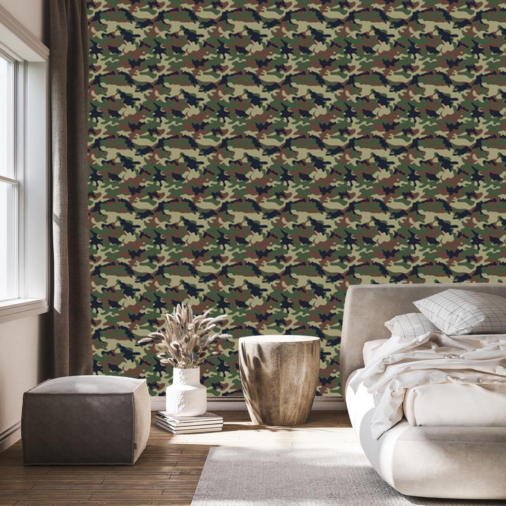 Military camouflage wallpaper brown, olive and bottle green 50x1000