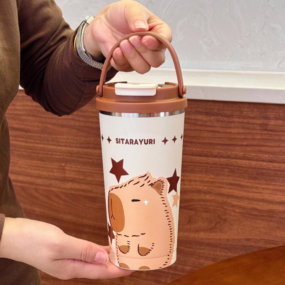 Милая мультяшная капибара, термокружка 560 мл, вакуумная бутылка для воды из нержавеющей стали, с ручкой, герметичная, двойная чашка для питья