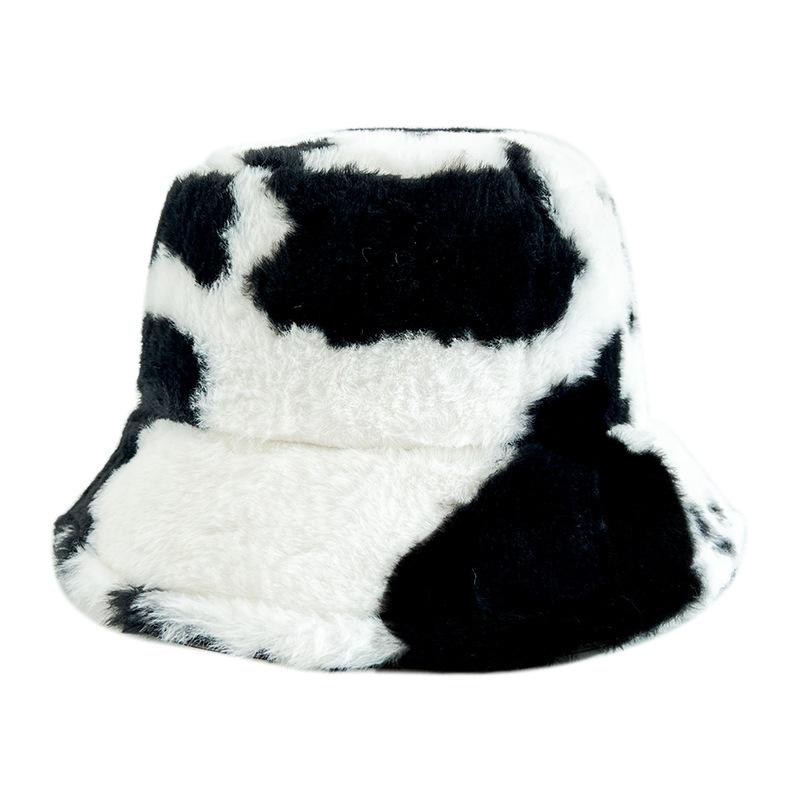 Autumn and Winter Hat Female Sweet Cute Cow Plush Bucket Hat Big Head Circumference Warm Thickened Plush Basin Hat Bucket Hat